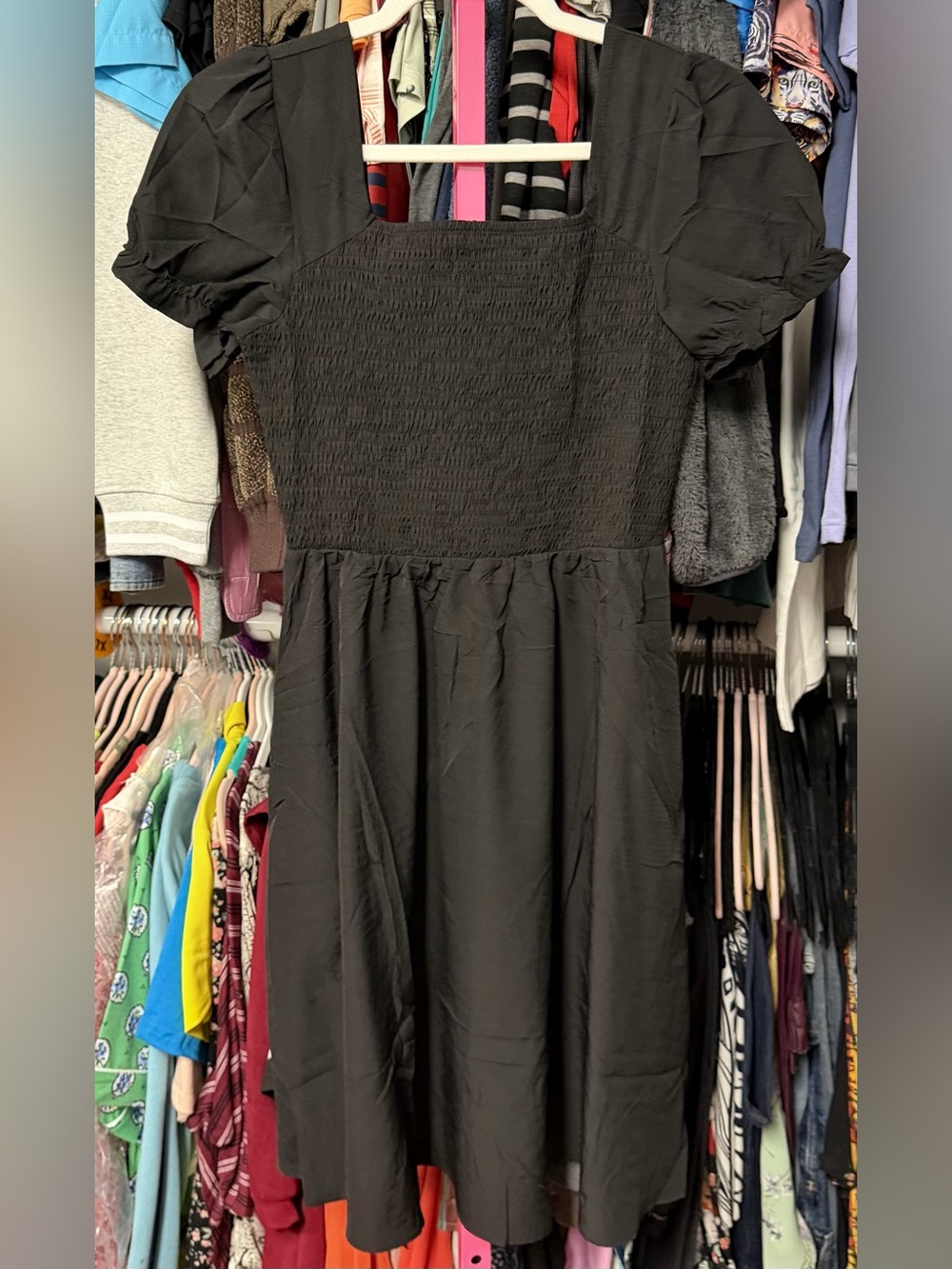 Women’s size small mini dress solid black smocked bodice short sleeves new
